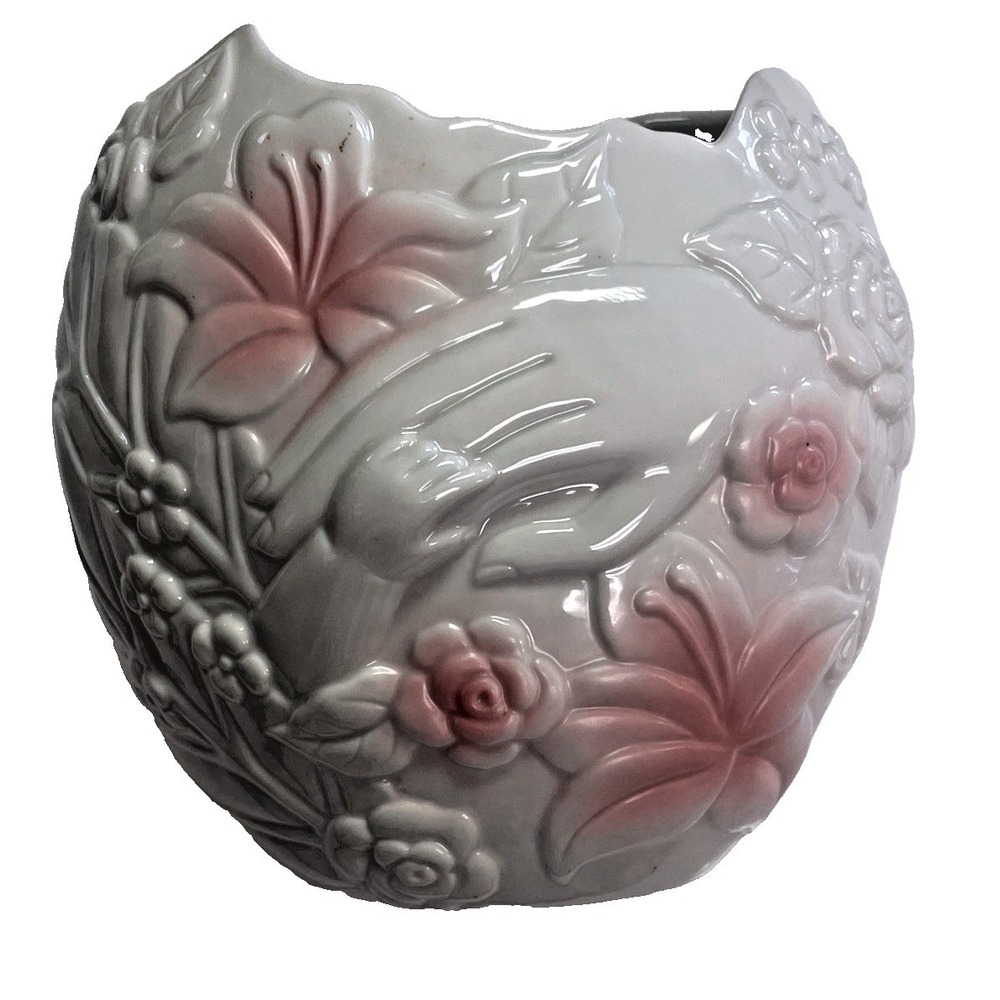Vintage FTD White Pink Ceramic Hand Lily Rose Embossed Vase Planter 615 Taiwan